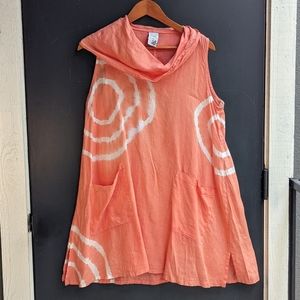 Match Point Flowy Linen Cowl Neck Tunic Dress Coral/White Tie Dye